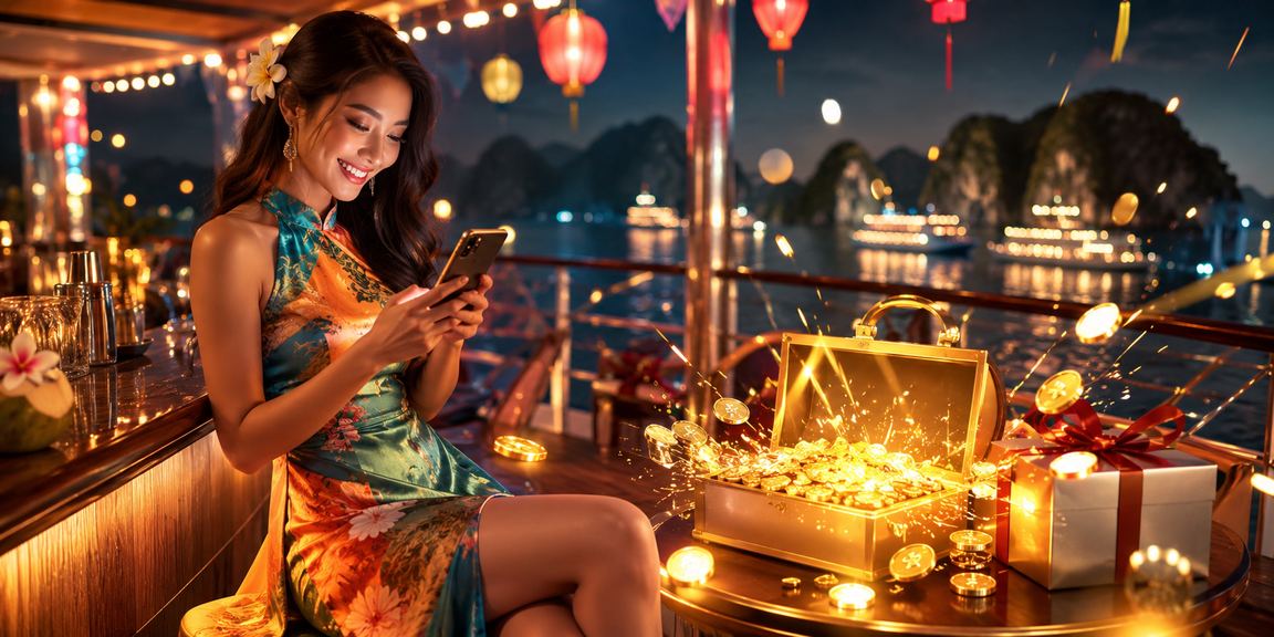 Phụ nữ mặc áo dài chơi casino trên điện thoại tại vịnh Hạ Long buổi chiều