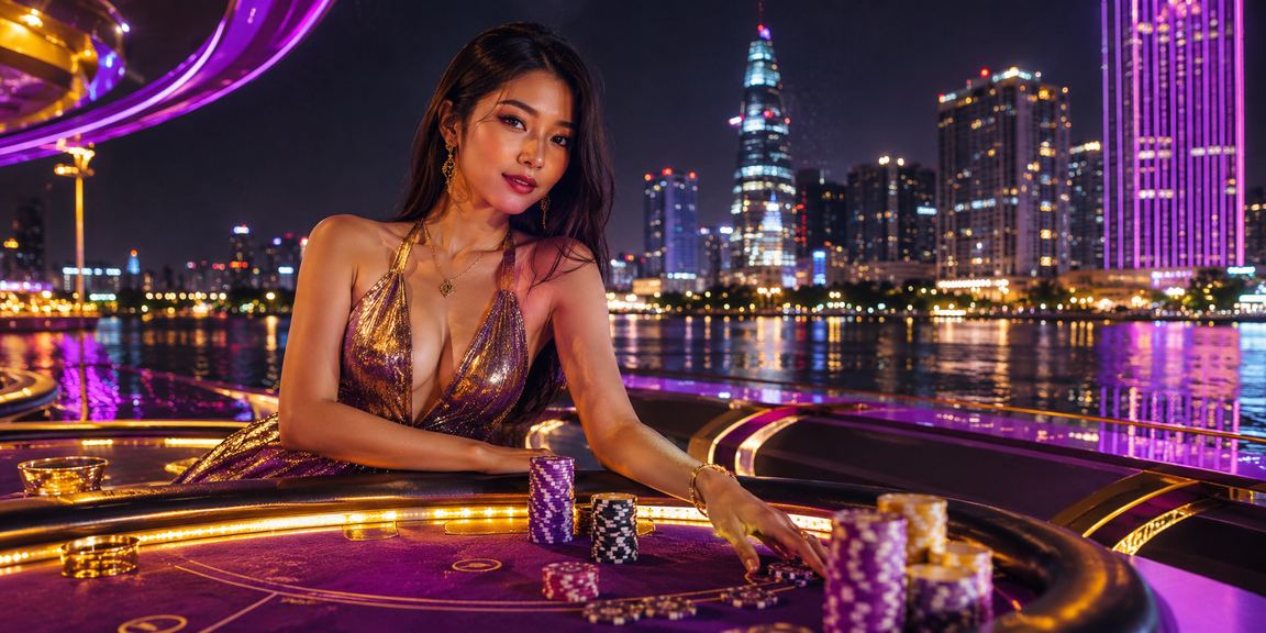 Đèn neon giải trí tại vùng Mekong với màn hình casino bóng đá phát sáng về đêm